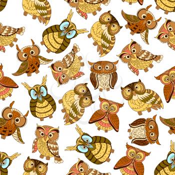 Owl seamless pattern background. Cute bird vector wallpaper. Vintage artistic cartoon owls