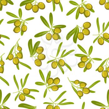 Olives seamless pattern background. Green olive branch with leaves vector icons. Italian and Greek cuisine element. Graphic design for wallpaper, kitchen, cafe, pizzeria, restaurant, menu