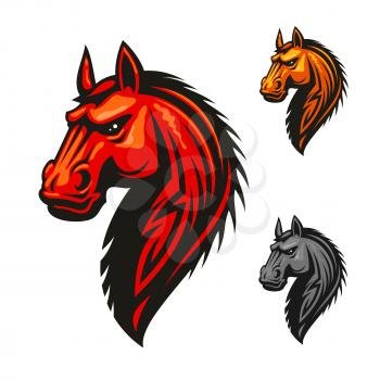 Horse stallion head vector icon. Red, yellow, gray isolated horses with mane. Vector emblem for chess, sport club team shield, badge, label, tattoo.