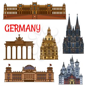 Historic sightseeings and buildings of Germany. Vector icons of Brandenburg Gate, Reichstag, Neuschwanstein Castle, Cologne Cathedral, Frauenkirche, Maximilianeum. German showplaces symbols for souven