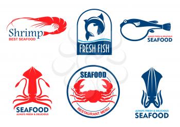 Seafood icons. Vector fish food products labels. Shrimp, squid, crab elements for signboard, menu, restaurant, shop, cafe, market merchandising Asian nordic and mediterranean cuisine