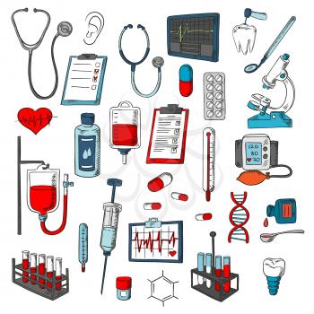 Medical vector icons. Hospital surgery and survey vector elements syringe, blood dropper, thermometer, tooth implant, pill, stethoscope, dentistry, syrup medication