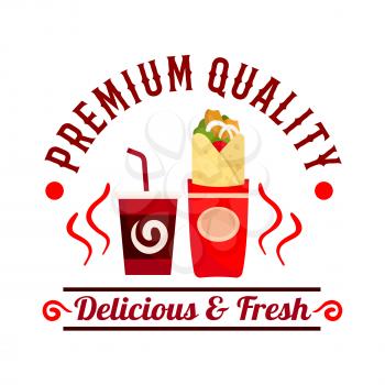 Fast Food icon. Vector shawarma roll snack and drink label. Coffee shop emblem for cafeteria, cafe signboard and menu