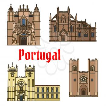 Historic sightseeings and buildings of Portugal. Vector art drawings of Monastery of Batalha, Porto Cathedral, Patriarchal Cathedral, Mary Major, Santa Cruz Monastery. Portuguese showplaces symbols fo