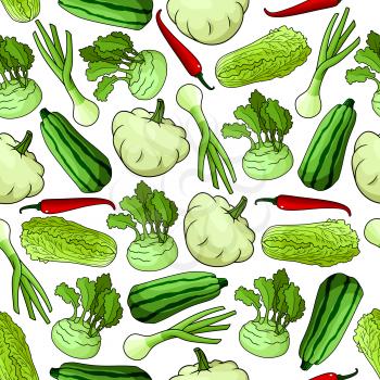 Vegetables seamless background. Wallpaper with vector pattern of fresh farm food icons. Pepper, chili, squash, zucchini, leek, chinese cabbage, kohlrabi for grocery store, food market, vegetarian prod
