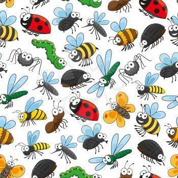 Bugs and insects funny cartoon seamless wallpaper with vector pattern of cute colorful characters of bumblebee, bee, beetle, ladybird, spider, butterfly, mosquito, dragonfly, caterpillar, fly
