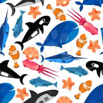 Fish cartoon seamless background. Children funny wallpaper with vector pattern of cute swimming fishes, clownfish, shark, whale, starfish, swordfish, cuttlefish, shell, tuna, squid