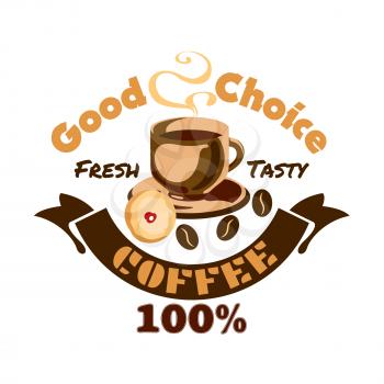 Coffee icon. Cafe advertising signboard emblem. Hot cappuccino coffee cup, beans, cookie, biscuit. Cafeteria promo label. Vector sign for cafeteria, cafe signboard, menu