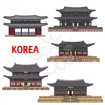 Historic temples of Korea. Vector detailed icons of Haeinsa, Gyeongbokgung, Gyeongbok palace, Namhansanseong, Changdeok, Changdeokgung, Bongeunsa. Korean showplaces symbols for souvenirs, postcards, t