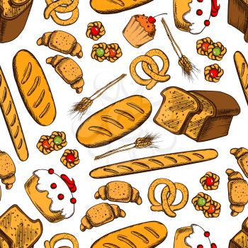 Bakery seamless background. Vector pattern of croissant, bread, baguette, cookie, cake, biscuit, bun, loaf, pretzel, bagel pie Bakery products wallpaper for patisserie cafe bakery pastry shop
