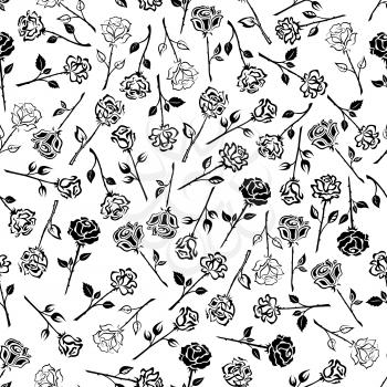 Roses floral seamless background. Wallpaper with pattern of black and white roses icons. Heraldic flower buds with stems, leaves, thorns