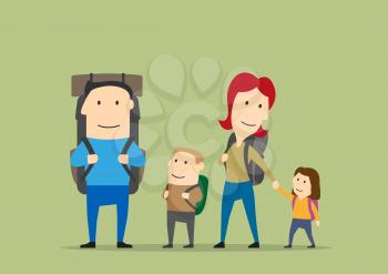 Family with backpacks. Father, mother, boy, girl on hiking. Happy parents and kids on trekking route. Backpacking adventure vector background with characters