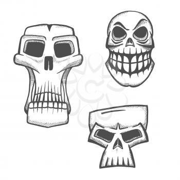 Skull sketch icons set. Halloween scary skeleton face sign for cartoon, label, tattoo, t-shirt, print, poster, decoration