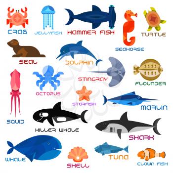 Oceanarium animals and fishes. Ocean and sea vector icons of crab, jellyfish, hammerhead fish, seahorse, turtle, seal, dolphin, squid, octopus, stingray, flounder, starfish, marlin killer whale shark 