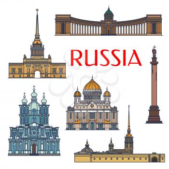 Historic sightseeings and buildings of Russia. Vector architecture detailed icons of Admiralty, Alexander Column, Palace Square, Kazan Cathedral, Christ the Saviour, Smolny Convent. Russian symbols fo