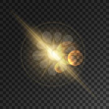 Glowing light flash. Space star burst explosion with lens flare effect. Sparkling vector sun rays and bright golden beams. Transparent background