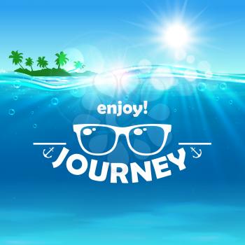 Summer journey poster. Ocean, shining sun, tropical palm, island, water waves background. Travel placard with sunglasses icon for banner, advertisment, agency, flyer, greeting card hotel resort