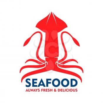Marine squid red symbol with open fins, raised tentacles and blue caption Seafood. Great for fish market badge or food packaging design
