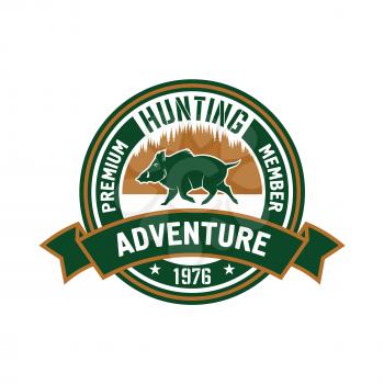 Premium member of hunting club badge design with brown and green round symbol with running wild boar against forest skyline, supplemented ribbon banner with caption Adventure