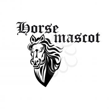 Black and white horse head mascot of medieval stylized proud purebred stallion. Sporting and royal heraldry theme design