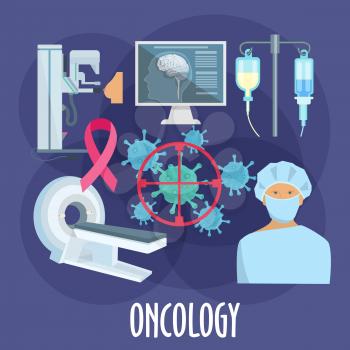 Oncologist with diagnostic equipments icon for oncology medicine design. Surgeon, computed tomography scan and mammography machine, chemotherapy treatments, cancer cells under target and breast cancer