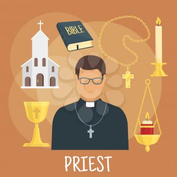 Young catholic priest icon wearing black cassock, glasses and cross with flat symbols of church building, the Bible, golden cup and candelabras with candles. Religious theme or profession design