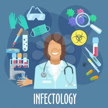Infectious disease medicine symbol of infectiologist with flat icons of laboratory protective equipments and bio hazard sign, pills, thermometer and vaccine, test tubes with blood and mites, petri dis