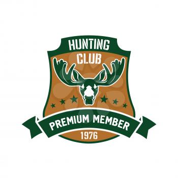 Heraldic symbol in a shape of a shield for hunting club membership badge design usage with a head of elk and ribbon banner with stars