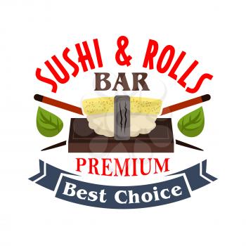 Sushi and rolls bar badge design template with cartoon icon of tamago nigiri sushi, topped by egg omelet with crossed chopsticks and green shiso leaves, decorated by ribbon banner with text Best Chois