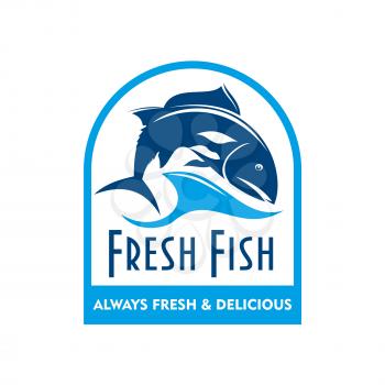 Retro badge of blue silhouette of salmon swimming in sea waves with caption Fresh Fish. Great for food packaging design