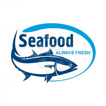 Fish market symbol for promotion label design with retro stylized dark blue icon. Wild alaskan salmon encircled by oval frame with text Seafood and Always Fresh