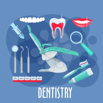 Dentist office equipments symbol for dentistry and healthcare design with healthy, clean teeth and smile, dental mirror, pick and probe, toothbrush, toothpaste and syringe, magnifier, braces and denti