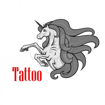 Gorgeous gray unicorn icon for tattoo or fairy tale character design with rearing up mythological horse with twisted horn