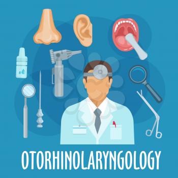 Otolaryngologist profession flat symbol of doctor in lab coat and frontal reflector with nose, ear and throat organs, otoscope, scissors, needle and mirror, magnifier and drops