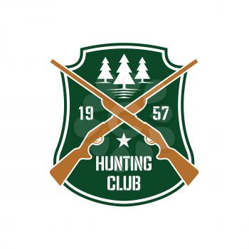 Dark green heraldic shield insignia with crossed hunting rifles and white silhouettes of fir trees, supplemented by foundation date and star. Hunting club or sporting contest design usage