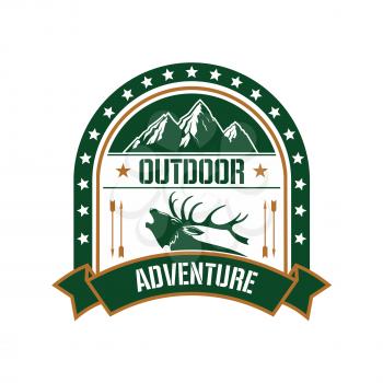 Adventure club symbol with profile of deer stag bellowing in rut, framed by a starry arch with mountain peaks on the top and ribbon banner below. Retro badge for adventure and expeditions theme design