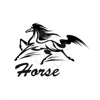 Riding club symbol for equestrian sport design with black and white silhouette of running horse with muscular body and strong long legs
