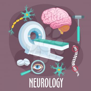 Neurological research of disorders of nervous system flat icon of MRI machine with human brain, dendrite and neuron structure models, spine, eye, pills and medical hammer. Healthcare theme design