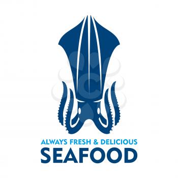 Natural organic fresh squid blue silhouette. Seafood emblem design template with marine mollusk for fish farm symbol or seafood market promotion