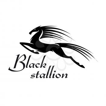 Profile view of horse performing a capriole as mascot for sporting or gambling industry design. Black silhouette of a mare leaps into the air and kicking out with hind legs