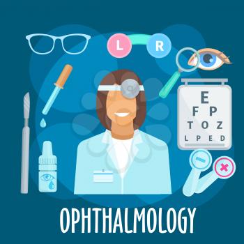 Smiling young woman ophthalmologist with eye examination equipments and medicines flat icon of visual acuity testing chart, eye occluders, glasses and eye drops, eye, magnifier and scalpel