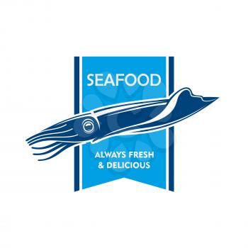 Fresh catch seafood icon with blue silhouette of swimming squid with retro forked ribbon on the background. Use as fish market badge or grill bar design