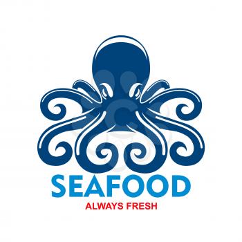Giant pacific reef octopus icon for seafood badge template for restaurant or cafe menu design usage with blue mollusk with long and curled tentacles