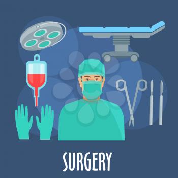 Surgeon in scrub, cap and mask in operating room symbol with flat icons of operating table and lamp, blood bag, scalpels, forceps and gloves. Medical professions design usage