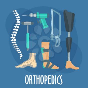 Orthopedics and prosthetics medicine symbol for orthopaedic clinic design usage with bones of vertebral column and foot, prosthetic leg and ankle foot orthosis, charriere bone saw, bone drill and medi