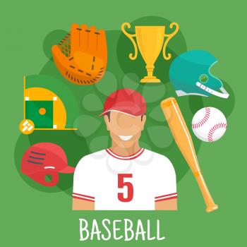 Baseball batter in sporting uniform and cap flat icon for sports competition design usage with symbols of ball, bat, protective helmets and catcher glove, trophy cup and baseball field