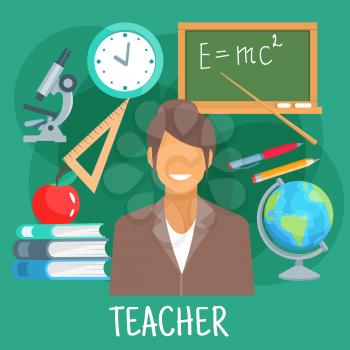 Teacher in school classroom flat icon with earth globe, microscope and blackboard with formula of energy, pile of books with apple on the top, wall clock, triangle ruler, pen and pencil. Education the