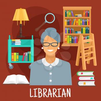 Smiling female librarian symbol for profession design usage with flat icons of library wooden bookshelf and ladder, book cart with vintage lamp, magnifier and variety of books with colorful spines