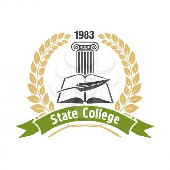 State college heraldic insignia with open book, feather pen and ionic greek column, framed by golden laurel wreath and green ribbon banner. May be use as education badge, emblem or symbol design
