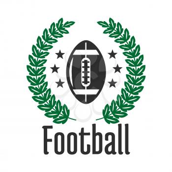 Football sports club or team symbol with ball, framed by heraldic laurel wreath and stars. American football competition theme design